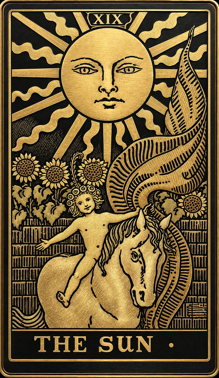 太阳黑金金属风格牌面，描绘太阳、向日葵与骑马的人物